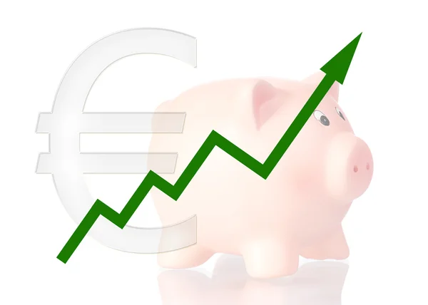Diagram över uppåt grön färg eurosymbolen och spargris — Stockfoto
