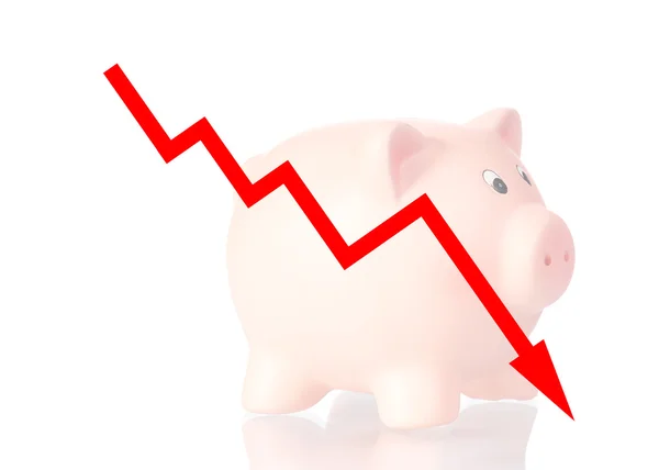 Diagrama rojo hacia abajo con alcancía — Foto de Stock