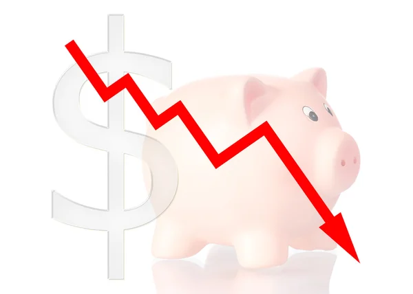 Diagrama vermelho para baixo com o piggy bank e o símbolo do euro — Fotografia de Stock