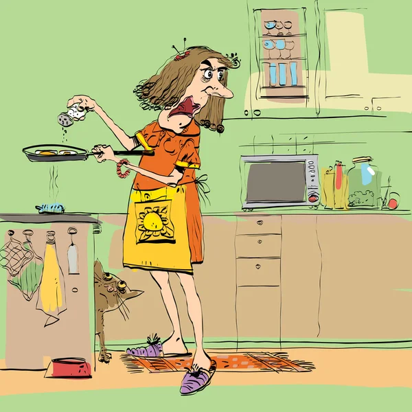 Öfkeli kadın mutfakta yemek