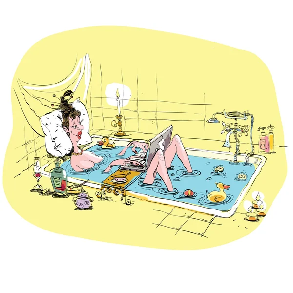 Kadın banyoda dizüstü bilgisayarda çalışma