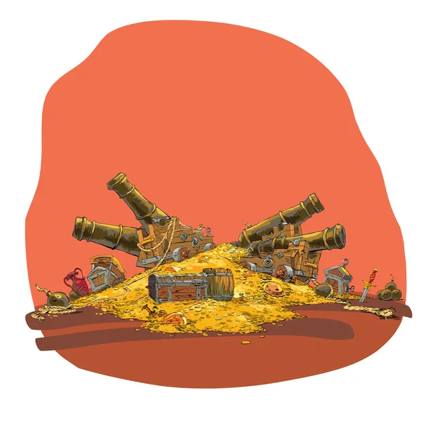 Tesouro de moedas de ouro e canhão pirata —  Vetores de Stock