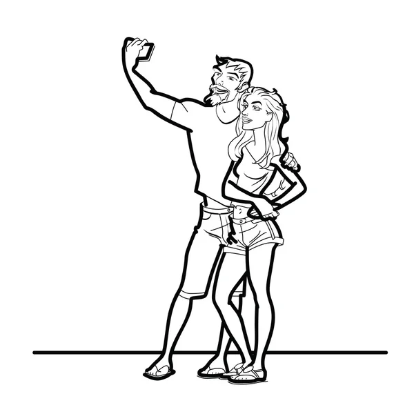 Casal homem e mulher selfie telefone —  Vetores de Stock