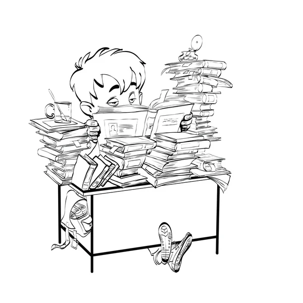 Literatura, student chłopiec czyta książki — Wektor stockowy
