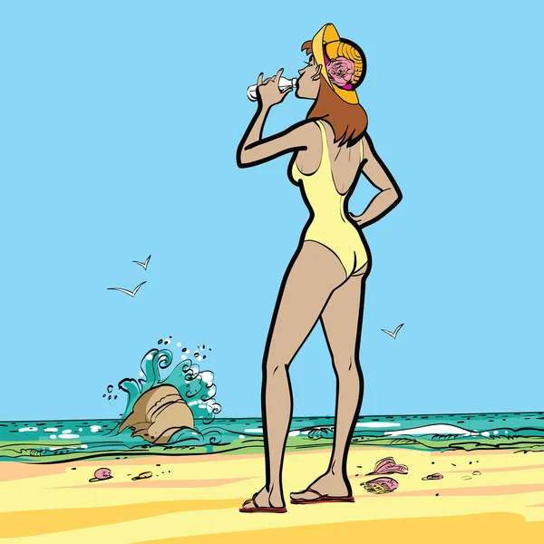 Meer, Frau im Badeanzug trinkt Wasser — Stockvektor