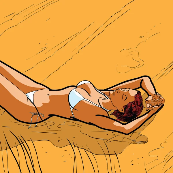 Menina bronzeada sexy em um biquíni na praia —  Vetores de Stock