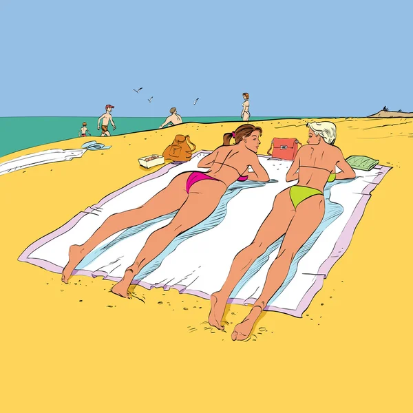 Kalabalık sahilde güneşlenirken iki kız arkadaşım — Stok Vektör
