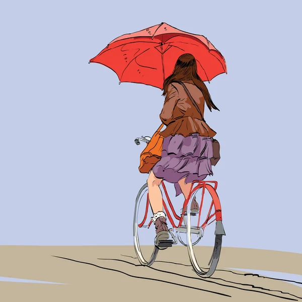 Дівчина на велосипеді з парасолькою осінній дощ — стоковий вектор