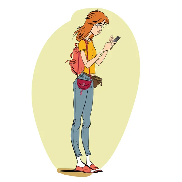 Jovem mulher olhando para smartphone. Mapa de navegação ou o jogo —  Vetores de Stock
