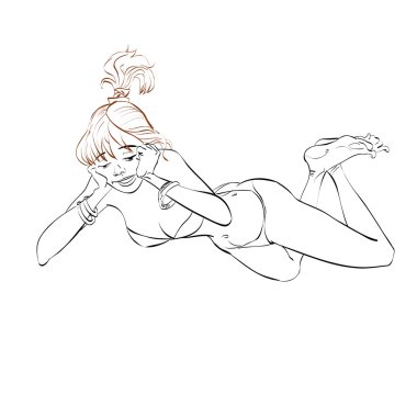 Genç kadın yalan ve aşağı bakıyor mayo