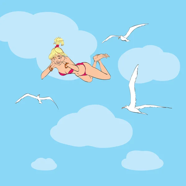 Młoda kobieta w strój kąpielowy wznosi się z seagulls — Wektor stockowy