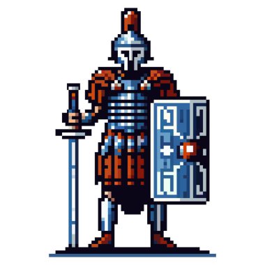 Romalı bir askerin piksel sanatı. Elinde kılıç ve kalkanla savaşa hazır bir vaziyette duruyor..