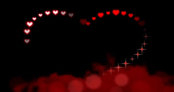 Dikişsiz döngü - Valentines Day Hearts ve Sparkles I Love You Red - kırmızı kalpleri ve parıltıları takip animasyon hareket eden kırmızı bulutlar üzerinde yüzen büyük bir köpüklü kalp şekli oluşturma. Animasyonlu el yazısı harfleri i love you kalp içinde hecelemek. — Stok video