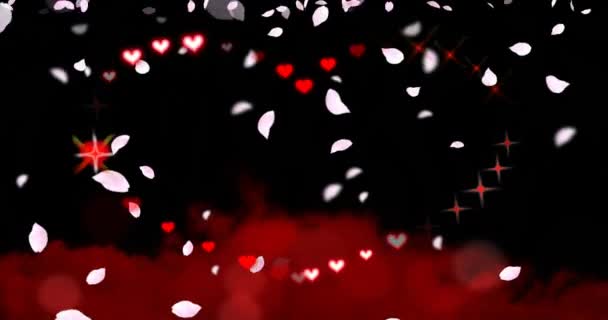 Naadloze lus-Valentines Day harten en schittert met vallende bloemblaadjes lus-mooie roze bloem bloemblaadjes regen naar beneden over een grote sprankelende hart vorm opgebouwd uit rode harten en sparkles zweven boven rode wolken. — Stockvideo