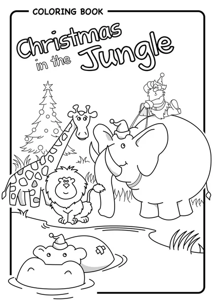 在丛林中-圣诞老人骑在大象-着色画圣诞 — 图库矢量图片