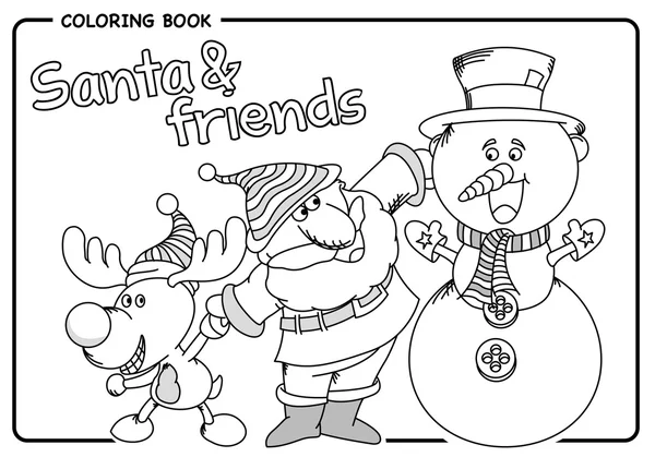 圣诞老人和他的朋友驯鹿和雪人-着色画 — 图库矢量图片