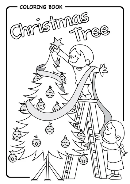 Ζεύγος παιδιών διακοσμώντας το χριστουγεννιάτικο δέντρο, χρησιμοποιώντας μια σκάλα - χρωματισμός κλήρωση — Διανυσματικό Αρχείο
