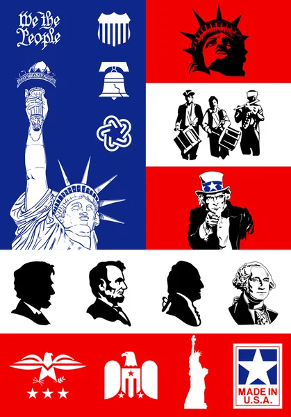 USA szimbólumok - Icon set, háttérrel zászló — Stock Vector