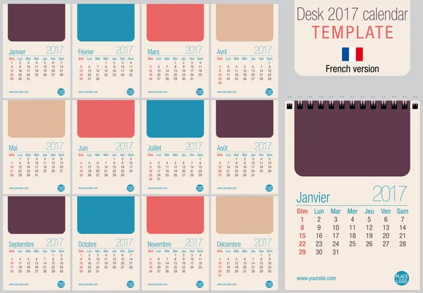 Χρήσιμο γραφείο πρότυπο ημερολογίου 2017 σε παστέλ χρώματα, έτοιμα για εκτύπωση λέιζερ ή μετατόπιση. Μέγεθος: 150 mm x 210 mm. κάθετη μορφή A5. Γαλλική έκδοση — Διανυσματικό Αρχείο