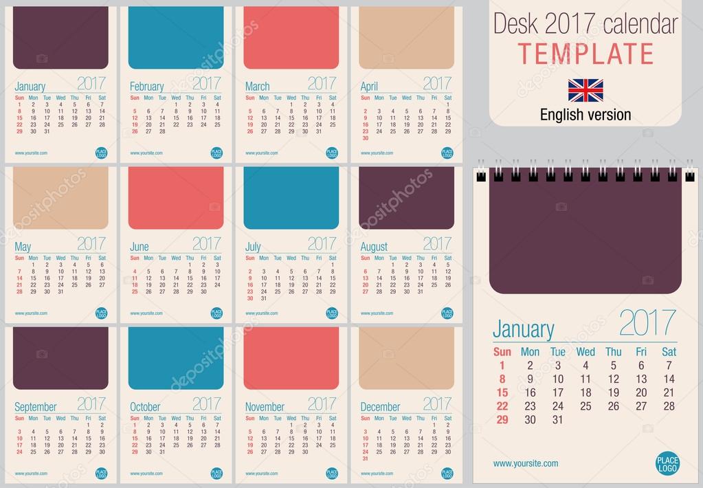 Useful Desk Calendar 2017 Template In Pastel Colors Ready For Printing On Laser Or Offset Size 150mm X 210mm Format A5 Vertical English Version Stock Vector C Alejomiranda 120891746