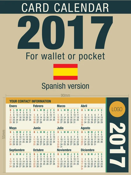 Calendario de tarjetas útil 2017 para billetera o bolsillo, listo para imprimir a todo color. Tamaño: 90mm x 55mm. Versión en español — Archivo Imágenes Vectoriales