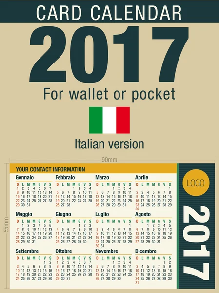 Корисний календар карти 2017 для гаманця або кишені, готовий до друку в повному кольорі. Розмір: 90 мм x 55mm. Італійська версія — стоковий вектор