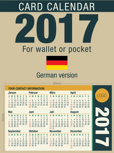 Calendario de tarjetas útil 2017 para billetera o bolsillo, listo para imprimir a todo color. Tamaño: 90mm x 55mm. Versión alemana — Vector de stock