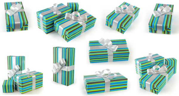 Ajándékok zöld és kék ajándék papír és ezüst szalag meg különböző szögekben — Stock Fotó