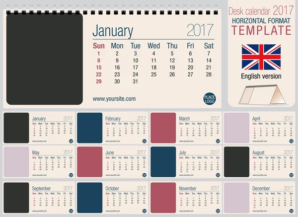 Modelo útil do calendário 2017 do triângulo da mesa, pronto para imprimir. Tamanho: 220mm x 100mm. Formato horizontal. Versão em inglês —  Vetores de Stock