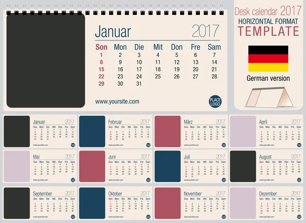 Χρήσιμο γραφείο τριγώνου 2017 ημερολόγιο, έτοιμο για εκτύπωση. Μέγεθος: 220mm x 100mm. μορφή οριζόντια. Γερμανική έκδοση — Διανυσματικό Αρχείο