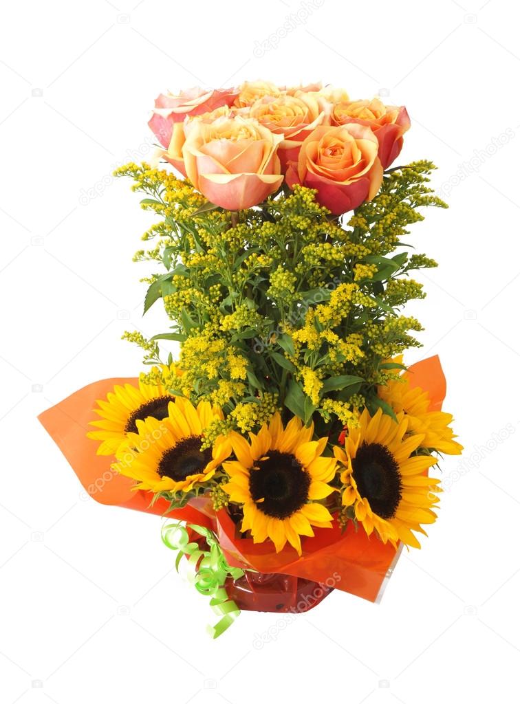 Floral arrangement with roses and sunflowers on white background
