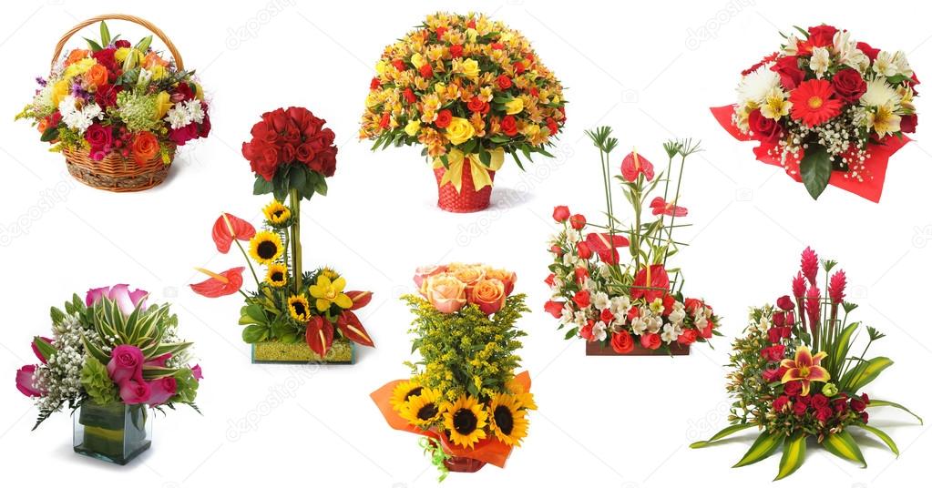 Set of 8 floral arrangement with red roses and colorful flowers on white background
