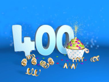 Doğum günü için parlak mumlu kek ya da mavi arka planda sarı şeritli büyük beyazlı 400. yıldönümü pastası. 3d illüstrasyon