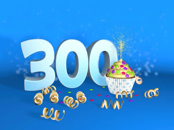 Cupcake Sparkling Candle Birthday Anniversary 300 Big Number White Yellow — Stock Photo, Image