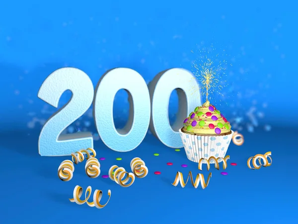 Cupcake Sparkling Candle Birthday Anniversary 200 Big Number White Yellow — Stock Photo, Image