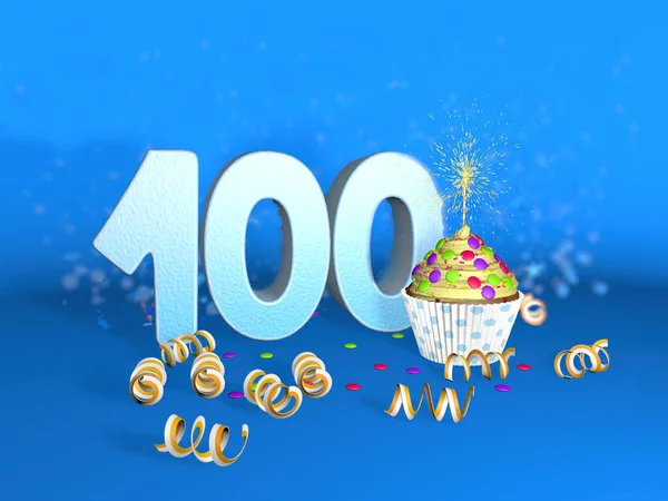 青い背景に黄色のストリーマーと白の大きな番号と誕生日や記念日100のための輝くろうそくとカップケーキ 3Dイラスト — ストック写真