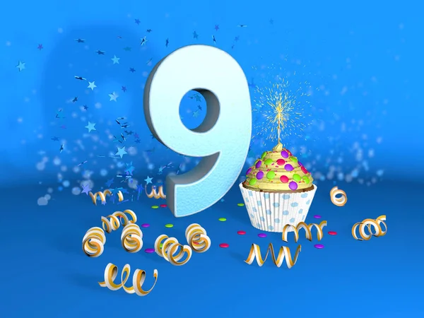 Cupcake with sparkling candle for 39th birthday or anniversary with big  number in white with yellow streamers on blue table with dark background  full Stock Photo - Alamy