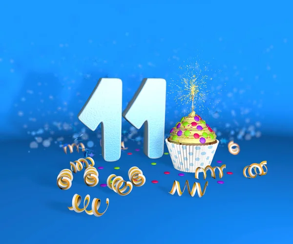 Cupcake with sparkling candle for birthday or anniversary 11 with the big number in white with yellow streamers on the blue background. 3d illustration