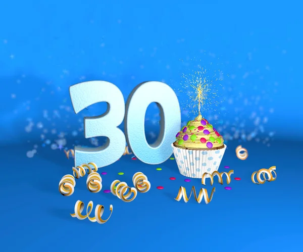 생일이나 기념으로 촛불이 케이크에 파란색 배경에 노란색 유압기가 흰색의 숫자가 — 스톡 사진