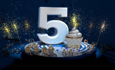 5. yaş günü için parlayan mumlu kek mi, yoksa sarı şeritli, siyah arka planı kıvılcımlarla dolu büyük beyaz renkli yıldönümü pastası mı? 3d illüstrasyon