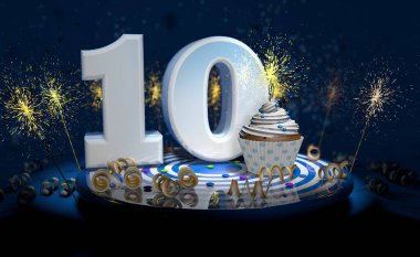 10. yaş günü için parlayan mumlu kek ya da sarı şeritli, siyah arka planı kıvılcımlarla dolu büyük beyaz renkli yıldönümü pastası. 3d illüstrasyon