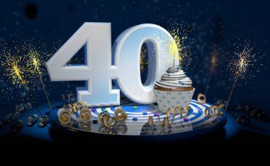 40. yaş günü için parlak mumlu kek mi, yoksa sarı flama ve siyah arka planda kıvılcımlar bulunan sarı renkli büyük beyaz renkli yıldönümü pastası mı? 3d illüstrasyon