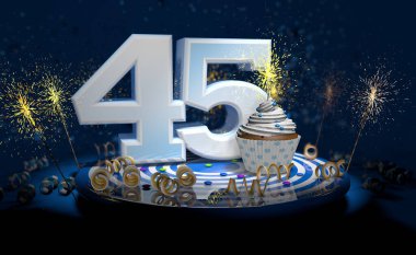 45 'inci yaş günü için parlak mumlu kek ya da sarı şeritli, siyah arka planı kıvılcımlarla dolu büyük beyaz renkli yıldönümü pastası. 3d illüstrasyon