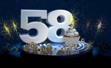58. yaş günü için parlak mumlu kek ya da sarı şeritli, siyah arka planı kıvılcımlarla dolu büyük beyaz renkli yıldönümü pastası. 3d illüstrasyon