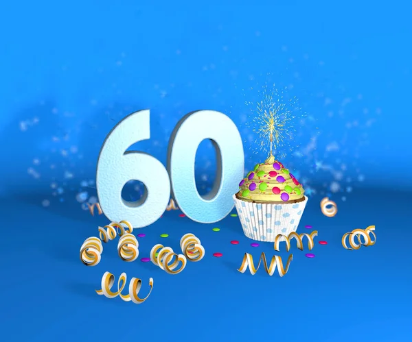 生日或结婚60周年纪念日的蛋糕 蛋糕的大号白色 蓝色背景上有黄色的彩带 3D说明 — 图库照片