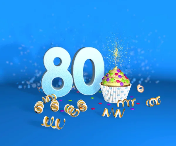 生日或结婚80周年纪念日的蛋糕 蛋糕的大号白色 蓝色背景上有黄色的彩带 3D说明 — 图库照片