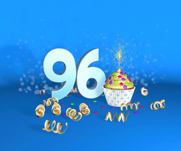 生日或结婚96周年纪念日的蛋糕 上面有闪闪发光的蜡烛 大号的蛋糕白色 蓝色背景上有黄色的彩带 3D说明 — 图库照片