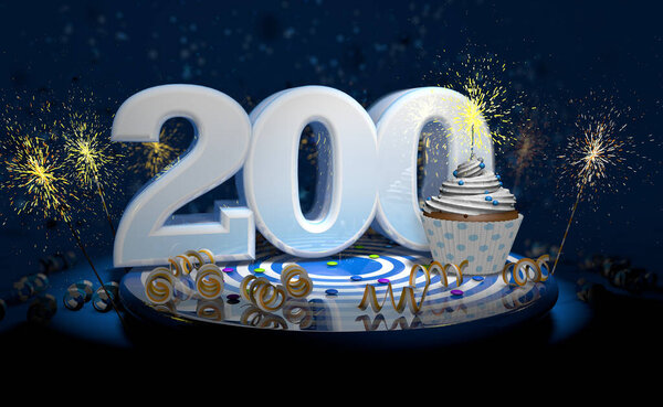 Кекс с игристыми свечами на 200-летие или годовщину с большим количеством в белом с желтыми лентами на синем столе с темным фоном, полным искр. 3d иллюстрация