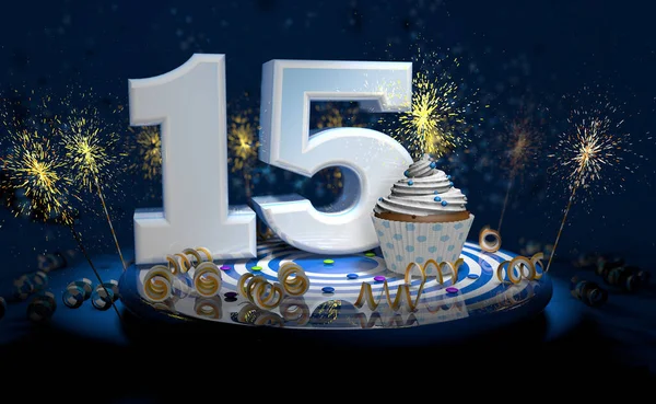 15歳の誕生日や記念日のための輝くろうそくを持つカップケーキは 濃い背景の火花でいっぱいの青いテーブルの上に黄色のストリーマーと白の大きな番号を持ちます 3Dイラスト — ストック写真