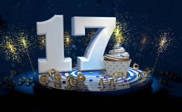 Cupcake Met Fonkelende Kaars Voor 17E Verjaardag Jubileum Met Groot — Stockfoto